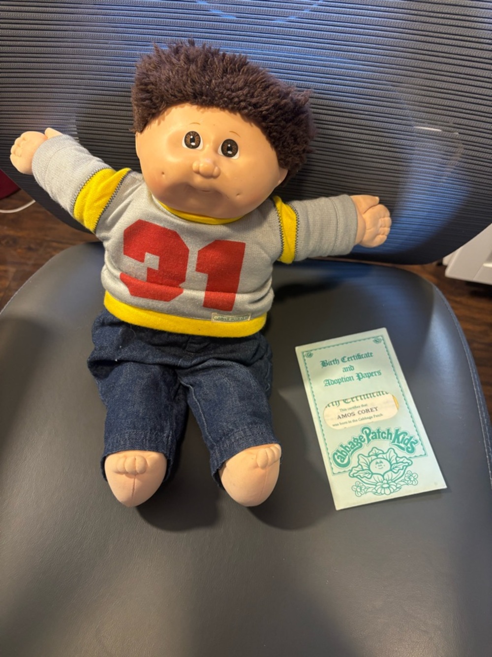 Cabbage Patch Kids Boy Doll in Gray & Yellow Jersey with Red Number